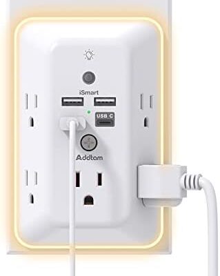 Surge Protector, Multi Plug Outlet Extender with Night Light for Home, Office, School, Addtam 5-Outlet Splitter and 4 USB Ports(1 USB C), Wall Charger Power Strip, ETL Listed