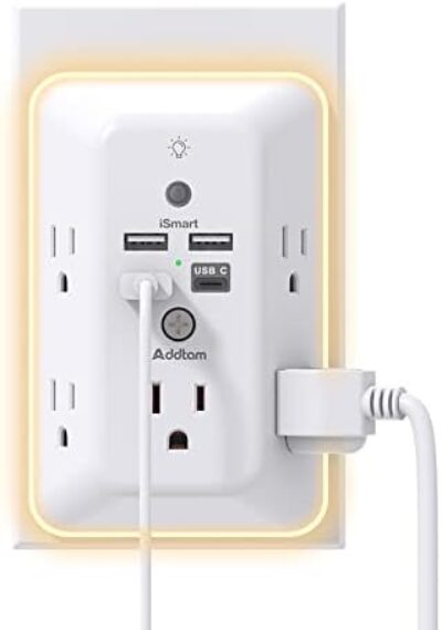 Surge Protector, Multi Plug Outlet Extender with Night Light for Home, Office, School, Addtam 5-Outlet Splitter and 4 USB Ports(1 USB C), Wall Charger Power Strip, ETL Listed