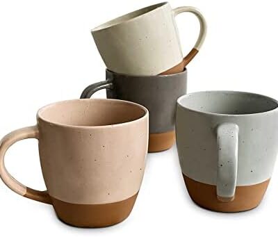 Mora Ceramic Large Latte Mug Set of 4, 16oz – Microwavable, Porcelain Coffee Cups With Big Handle – Modern, Boho, Unique Style For Any Kitchen. Microwave Safe Stoneware – Assorted Neutrals