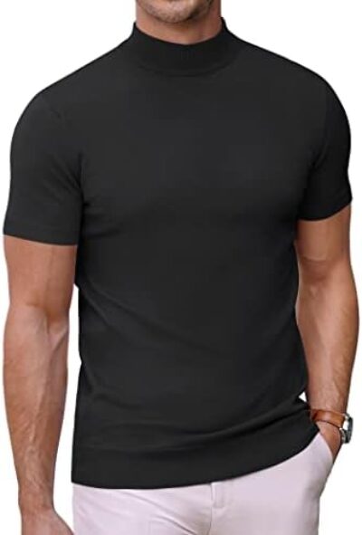 COOFANDY Mens Mock Turtleneck Sweater Short Sleeve Solid Color T-Shirts Basic Slim Fit Knitted Pullover Tees