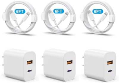 iPhone 14 13 Charger, USB C Charger [MFi Certified] 3Pack 20W PD USB C+QC3.0 USB A Dual Port Wall Charger with 6FT USB C to Lightning Cable Compatible with iPhone 14/13/12/Pro/Pro Max/XS/X/SE and More