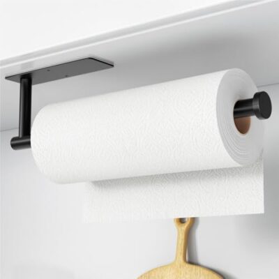 Paper Towel Holder - Self-Adhesive or Drilling, Matte Black Wall Mounted Rack - SUS304 Stainless Steel Kitchen Roll Holder Under Cabinet