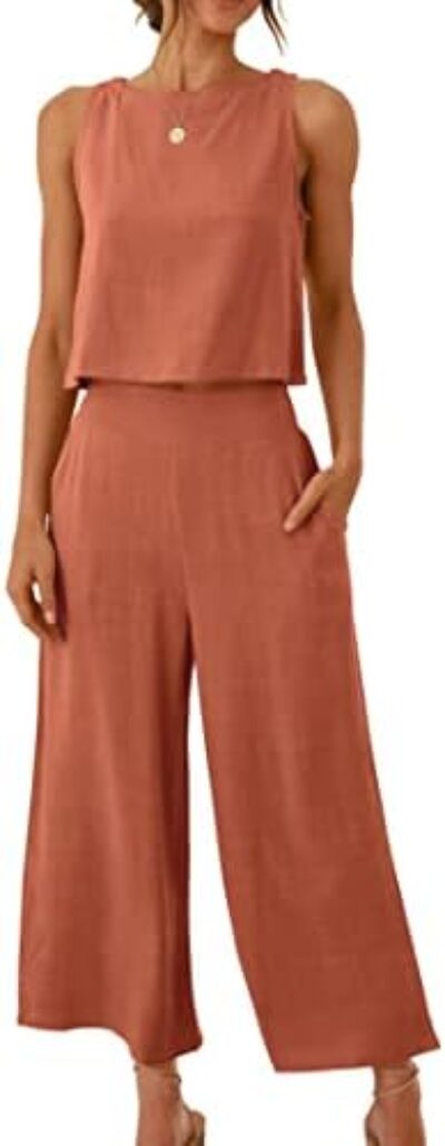 ANRABESS Women's Summer 2 Piece Outfits Sleeveless Crop Top Capri Wide Leg Pants Jumpsuit Linen Lounge Beach Travel Sets