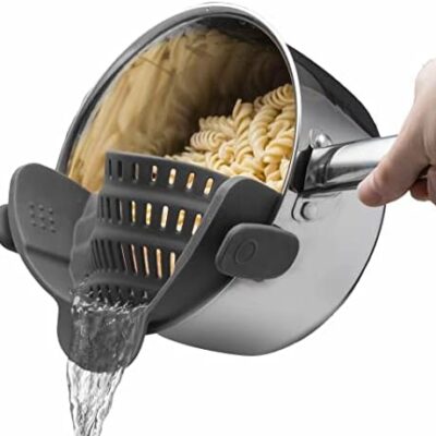 Kitchen Gizmo Snap N’ Strain – Silicone Clip-On Colander, Heat Resistant Drainer for Vegetables and Pasta Noodles, Kitchen Gadgets for Bowl, Pots, and Pans – Essential Home Cooking Tools – Grey