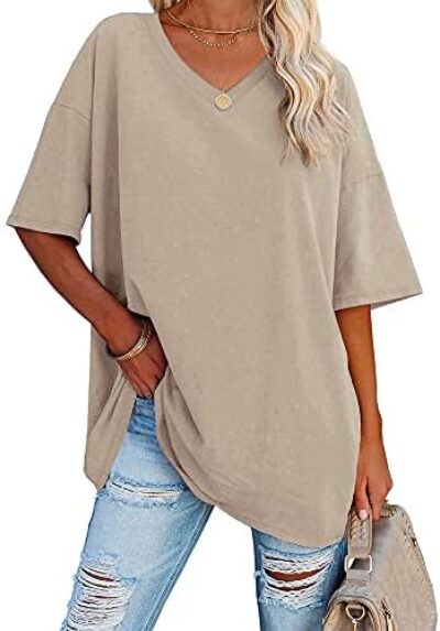 Ebifin Women's Striped Oversized T Shirts V Neck Tees Half Sleeve Comfy Cozy Cotton Tunic Tops with Pockets