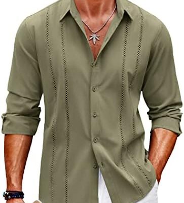 COOFANDY Mens Cuban Guayabera Shirt Casual Button Down Shirts Long Sleeve Beach Linen Shirts