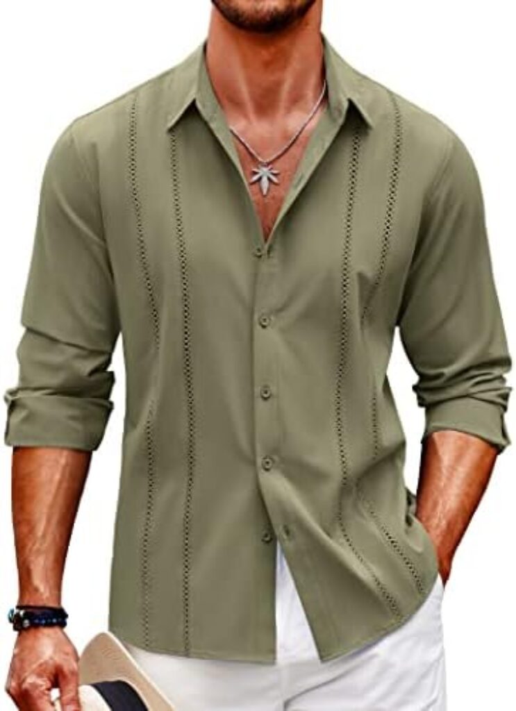 COOFANDY Mens Cuban Guayabera Shirt Casual Button Down Shirts Long Sleeve Beach Linen Shirts