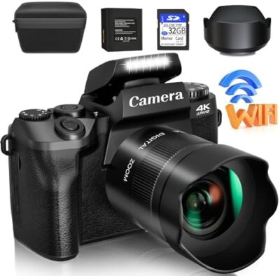 Saneen Digital Camera, 4k Cameras for Photography & Video, 64MP WiFi Touch Screen Vlogging Camera for YouTube with Flash, 32GB SD Card, Lens Hood, 3000mAH Battery, Front and Rear Cameras - Black