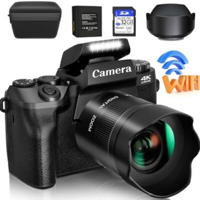 Saneen Digital Camera, 4k Cameras for Photography & Video, 64MP WiFi Touch Screen Vlogging Camera for YouTube with Flash, 32GB SD Card, Lens Hood, 3000mAH Battery, Front and Rear Cameras – Black