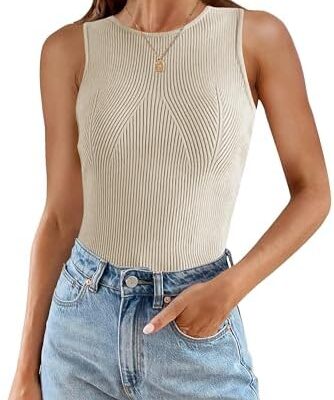 ZESICA Womens Ribbed Tank Tops 2024 Summer Sleeveless High Neck Casual Slim Fitted Basic Knit Shirts