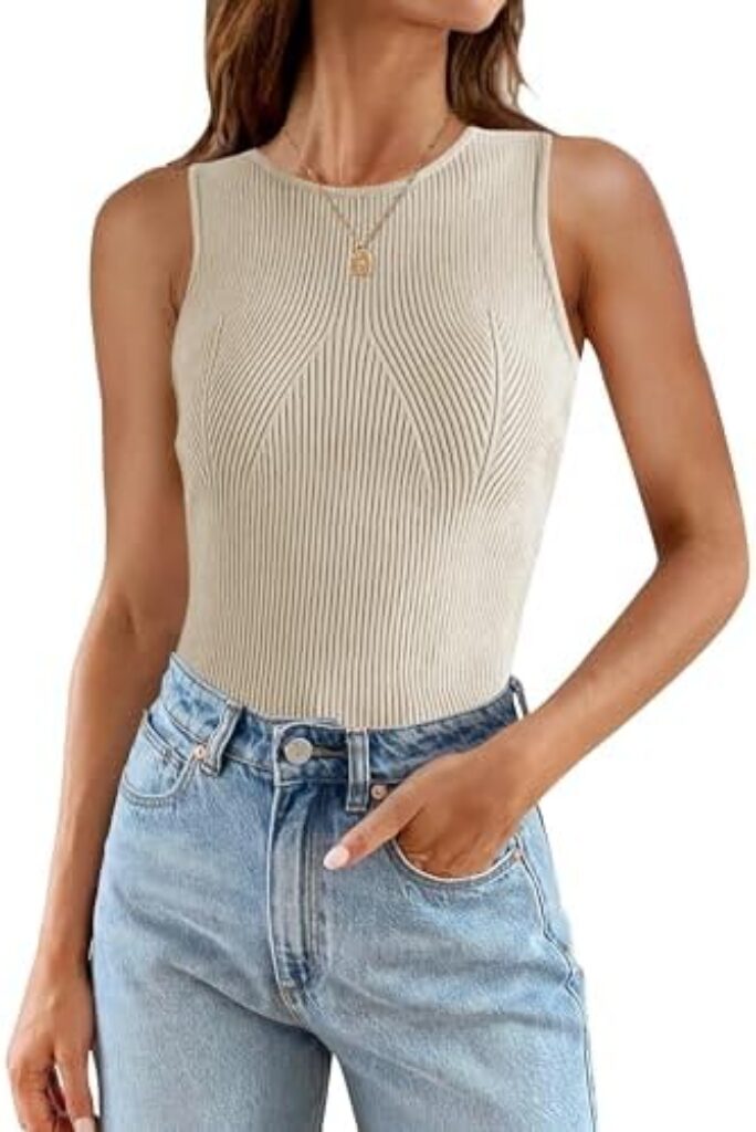 ZESICA Womens Ribbed Tank Tops 2024 Summer Sleeveless High Neck Casual Slim Fitted Basic Knit Shirts