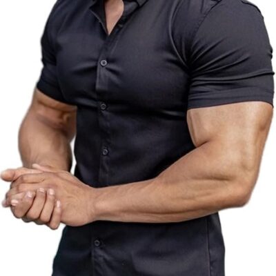 Men’s Muscle Fit Dress Shirts Athletic Slim Fit Short Sleeve Stretch Casual Button Down Shirt