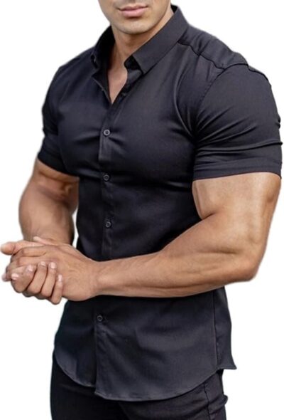 Men’s Muscle Fit Dress Shirts Athletic Slim Fit Short Sleeve Stretch Casual Button Down Shirt