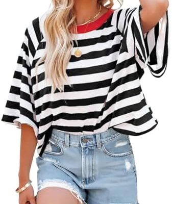 Dokotoo Tops for Women Striped 2024 Fashion T Shirts for Women Color Blocking Design Loose Basic Tee