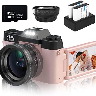 VETEK Digital Cameras for Photography, 4K 48MP Vlogging Camera 16X Digital Zoom Manual Focus Students Compact Camera with 52mm Wide-Angle Lens & Macro Lens, 32G Micro Card and 2 Batteries (Pink)