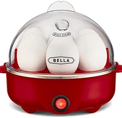 BELLA Rapid Electric Egg Cooker and Poacher with Auto Shut Off for Omelet, Soft, Medium and Hard Boiled Eggs – 7 Egg Capacity Tray, Single Stack, Red