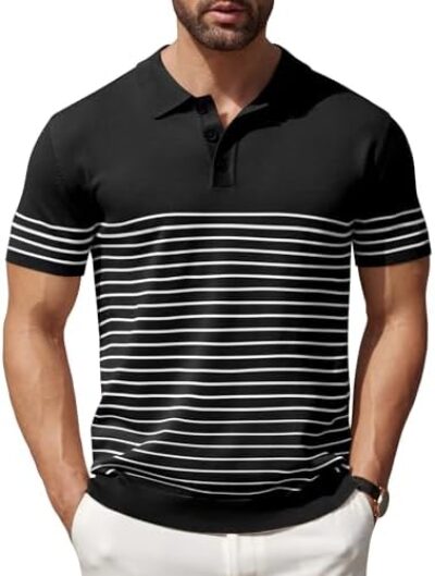 COOFANDY Men's Knit Polo Shirts Short Sleeve Striped Polo Shirt Fashion Casual Golf Shirts