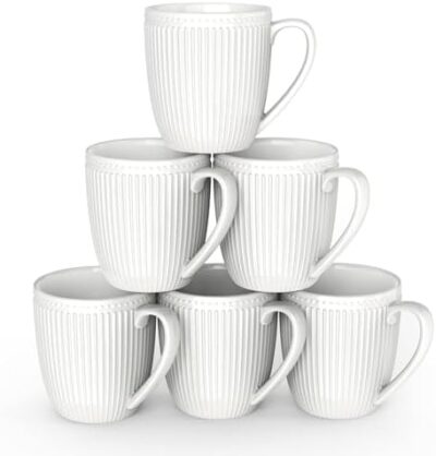 Coffee Mugs Set of 6, 16 Oz White Coffee Mugs, Porcelain Mugs, Large and Easy to Grip Mug Sets, Embossed Coffee Cup Set for Coffee, White