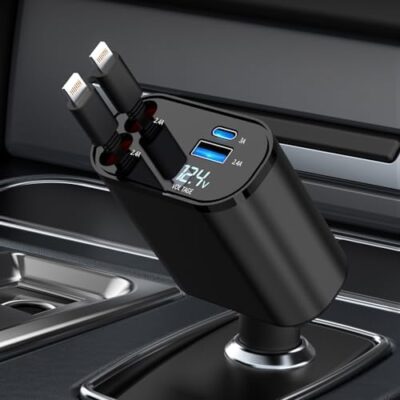 Retractable Car Charger, 4 in 1 Fast Charging Car Charger 60W, 2 Retractable iPhone Charger Cables and USB Car Charger Compatible with iPhone 15/14/13/12/11 Pro Max