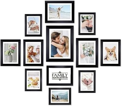 HAMITOR Picture Frames Set for Wall Decor- 12 Pack Gallery Wall Frames Set, Collage Photo Frames Wall Mounting Including One 8x10 / Four 5x7 / Five 4x6 / Two 6x8 Inch- Black