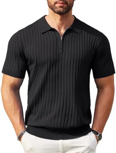 COOFANDY Men's Zipper Polo Shirts Short Sleeve Ribbed Knit Polo T Shirts Fashion Casual Golf Shirts