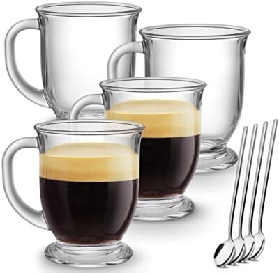 Mfacoy Glass Coffee Mugs Set of 4, Clear Large Coffee Mug 15 Oz With Handles for Hot Beverages, Clear Mugs for Tea, Cappuccino, Latte, Espresso Coffee, Juice, Glass Coffee Cups