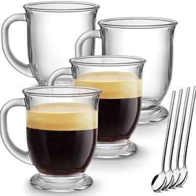 Mfacoy Glass Coffee Mugs Set of 4, Clear Large Coffee Mug 15 Oz With Handles for Hot Beverages, Clear Mugs for Tea, Cappuccino, Latte, Espresso Coffee, Juice, Glass Coffee Cups