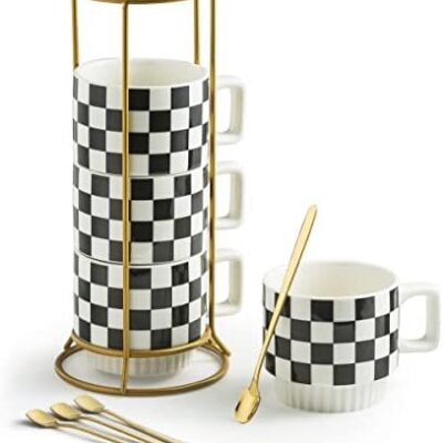 Stackable Coffee Mug Set of 4 with Rack 11 oz Tea Cup Set with Little Spoon for Coffee Tea Cocoa Milk, Checkered Black and White Pattern Coffee Mug for Housewarming Gift