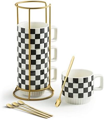 Stackable Coffee Mug Set of 4 with Rack 11 oz Tea Cup Set with Little Spoon for Coffee Tea Cocoa Milk, Checkered Black and White Pattern Coffee Mug for Housewarming Gift