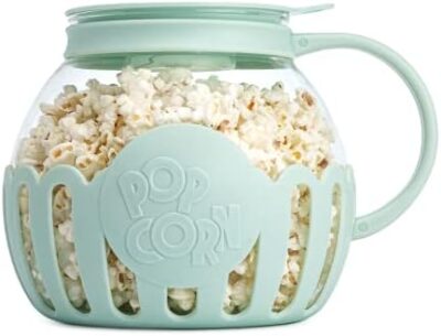 Ecolution Patented Micro-Pop Microwave Popcorn Popper with Temperature Safe Glass, 3-in-1 Lid Measures Kernels and Melts Butter, Made Without BPA, Dishwasher Safe, 3-Quart, Aqua