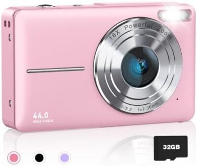 Digital Camera for Kids, 1080P FHD Camera, 44MP Point and Shoot Digital Camera for Pictures with 32GB Card, 16X Zoom, Compact Small Vintage Camera Gifts for Teens Kids Boys Girls(Pink)