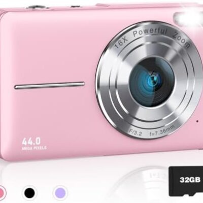 Digital Camera for Kids, 1080P FHD Camera, 44MP Point and Shoot Digital Camera for Pictures with 32GB Card, 16X Zoom, Compact Small Vintage Camera Gifts for Teens Kids Boys Girls(Pink)