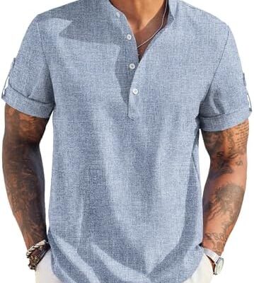 COOFANDY Men’s Casual Henley Shirt Short Sleeve Band Collar Linen Shirt Summer Beach Hippie T-Shirts