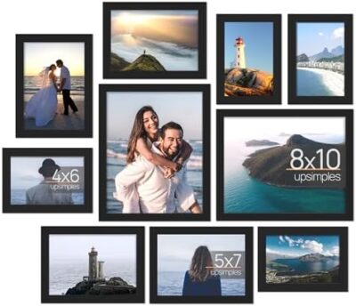 upsimples 10 Pack Picture Frames Collage Wall Decor with Glass, Gallery Wall Frame Set for Wall Mounting or Tabletop Display, Multi Sizes Including 8x10, 5x7, 4x6 Family Photo Frames, Black