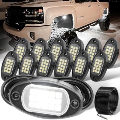 YOENDA 12 Pods White Rock Lights: 6000K LED High-Intensity, IP67 Waterproof, with 10m Extension Wire – fit for Trucks, SUVs, ATVs, Off-Road etc.