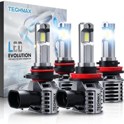 TECHMAX 9005+H11 LED Bulbs Combo, HB3+H8/H9 Fog Light Bulbs w/Fan 600% Bright 40000LM 6500K Wireless Direct Insertion Plug and Play Halogen Replacement, Pack of 4