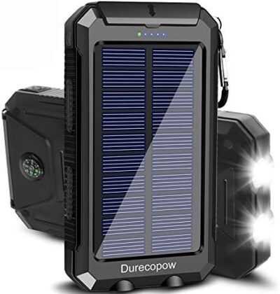 Solar Charger, 20000mAh Portable Outdoor Waterproof Solar Power Bank, Camping External Backup Battery Pack Dual 5V USB Ports Output, 2 Led Light Flashlight with Compass (Black)