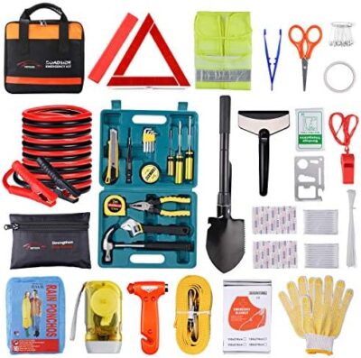 Vetoos Car Roadside Emergency Kit with Jumper Cables, Auto Vehicle Safety Road Side Assistance Kits Starter Repair Kit, Winter Car Kit Essentials for Men and Women, with Folding Survival Shovel