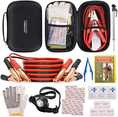 Roadside Assistance Emergency Kit Multipurpose Bag, Premium with Battery Jumper Cable Automotive Kit for Car,Vehicle, Truck or SUV for Men or Women, Black