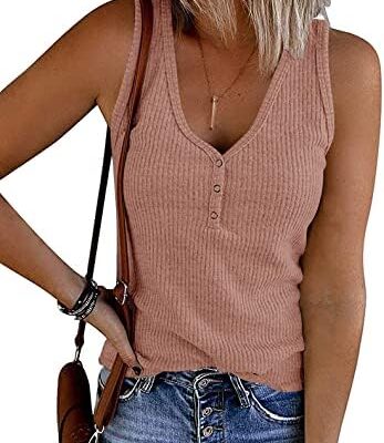 MEROKEETY Women’s V Neck Tank Tops Summer Sleeveless Ribbed Button Casual Henley Shirts