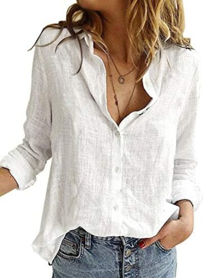 Astylish Womens V Neck Roll up Sleeve Button Down Blouses Tops