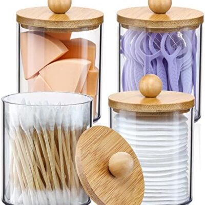 4 Pack Qtip Holder Dispenser with Bamboo Lids – 10 oz Clear Plastic Apothecary Jar Containers for Vanity Makeup Organizer Storage – Bathroom Accessories Set for Cotton Swab, Ball, Pads, Floss