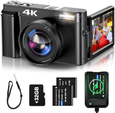 4K Digital Camera for Photography Auto-Focus 4K Camera with 180° 3.0 inch Flip Screen 16X Anti-Shake Vlogging Camera for YouTube Video Compact Cameras with SD Card, 2 Batteries and Battery Charger