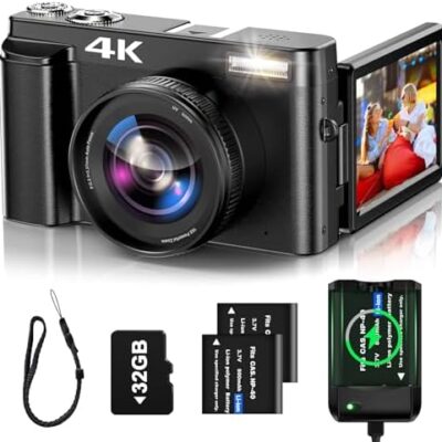 4K Digital Camera for Photography Auto-Focus 4K Camera with 180° 3.0 inch Flip Screen 16X Anti-Shake Vlogging Camera for YouTube Video Compact Cameras with SD Card, 2 Batteries and Battery Charger