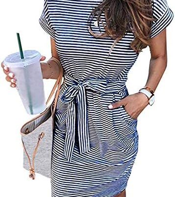 MEROKEETY Women’s Summer Striped Short Sleeve T Shirt Dress Casual Tie Waist with Pockets