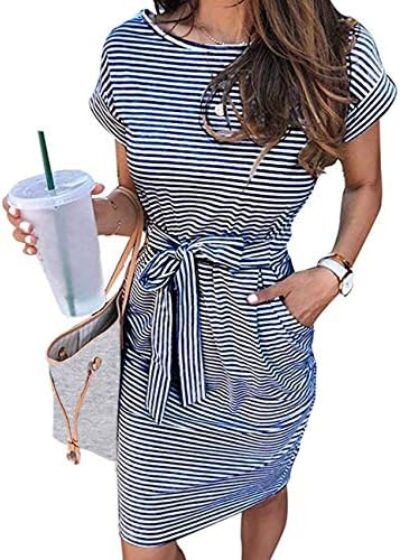 MEROKEETY Women's Summer Striped Short Sleeve T Shirt Dress Casual Tie Waist with Pockets