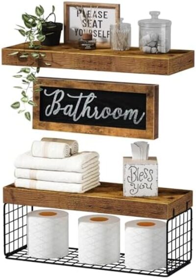 QEEIG Bathroom Furniture Sets, Shelves Over Toilet Bathroom Decor Farmhouse Decorations Aesthetic Décor Sign Small Wall Shelf 2+1 Set 16 inch, Rustic Brown