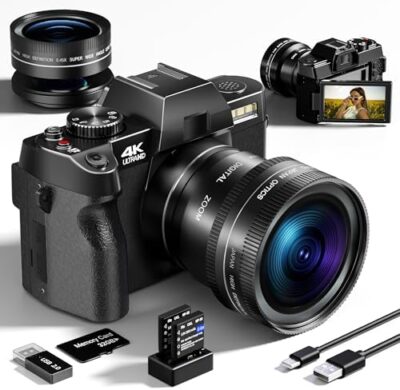 Digital Camera, 48MP Cameras for Photography with WiFi & App Control, 4K Vlogging Camera for YouTube,Compact Camera,Perfect for Entry-Level Users and Beginners with Macro&Wide Lens-32GB Card