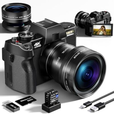 Digital Camera, 48MP Cameras for Photography with WiFi & App Control, 4K Vlogging Camera for YouTube,Compact Camera,Perfect for Entry-Level Users and Beginners with Macro&Wide Lens-32GB Card