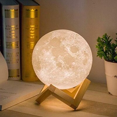 Mydethun 3D Moon Lamp with 5.9 Inch Wooden Base - Mothers Day Gift, LED Night Light, Mood Lighting with Touch Control Brightness for Home Décor, Bedroom, Women Kids Moonlight - White & Yellow